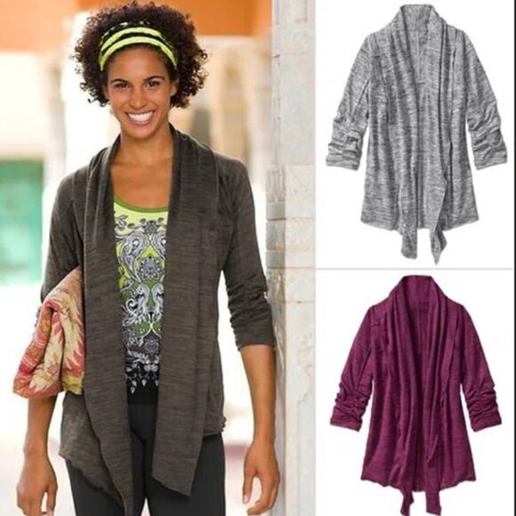 Athleta M Spacedye Gray Heather Drape Cardigan Sweater Open Front 3/4 Sleeve - Picture 10 of 10